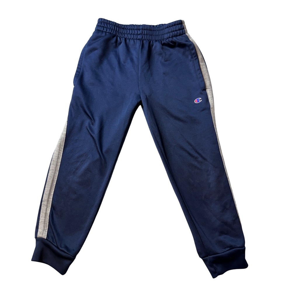 Champion Joggers Kids 5/6 Navy Blue Track Pants Side Stripe Athletic C Logo